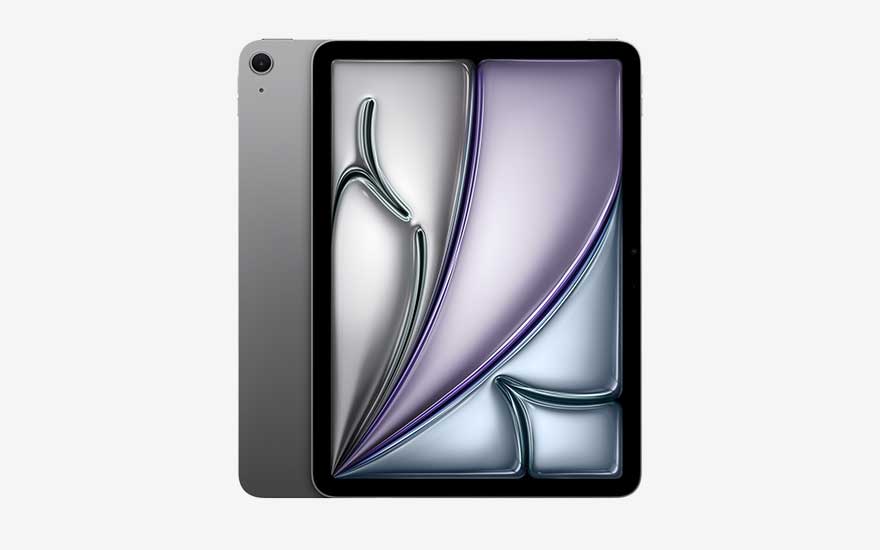 Een donkere iPad Air M3 staat rechtop voor zijn achterkant; het scherm toont een glanzende, abstracte vorm in zilver en paars met zachte verlichting.