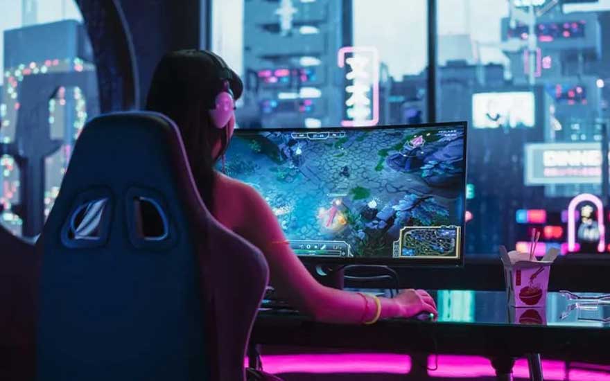 A gamer wearing headphones plays on a curved monitor, bathed in neon lights with a futuristic city skyline visible through the window.