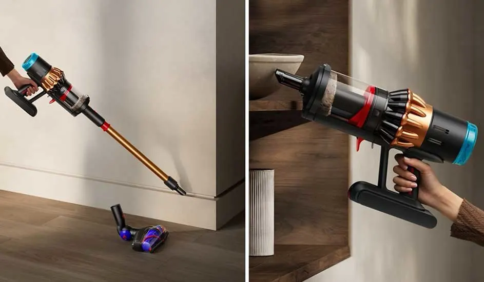 Links zuigt een Dyson steelstofzuiger langs de plint, rechts wordt hij als handstofzuiger gebruikt op een houten wandplank.