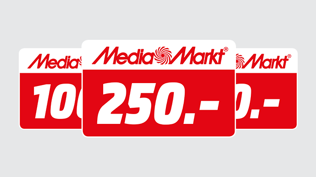 Drie rode MediaMarkt-prijskaarten met witte tekst: "100", "250.-", en "0.-" tegen een grijze achtergrond.
