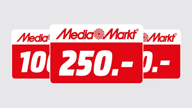 Drie rode MediaMarkt-prijskaarten met witte tekst: "100", "250.-", en "0.-" tegen een grijze achtergrond.