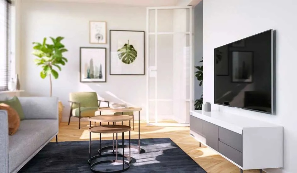 A bright, modern living room with a large TV, a grey sofa, green plant, art on the wall and a stylish white TV unit.