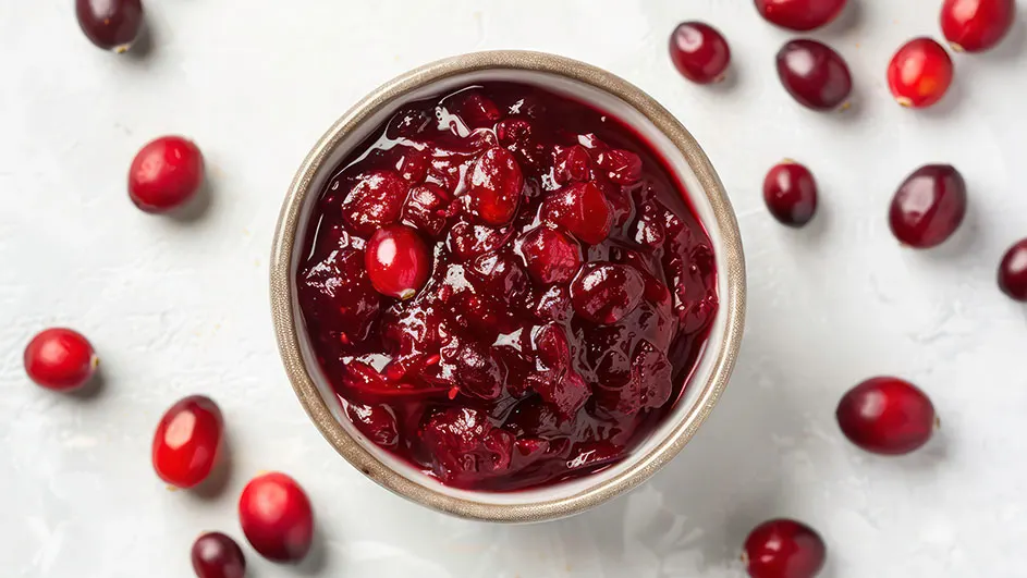 Cranberrysaus in een kom, omringd door losse cranberries op een witte achtergrond.