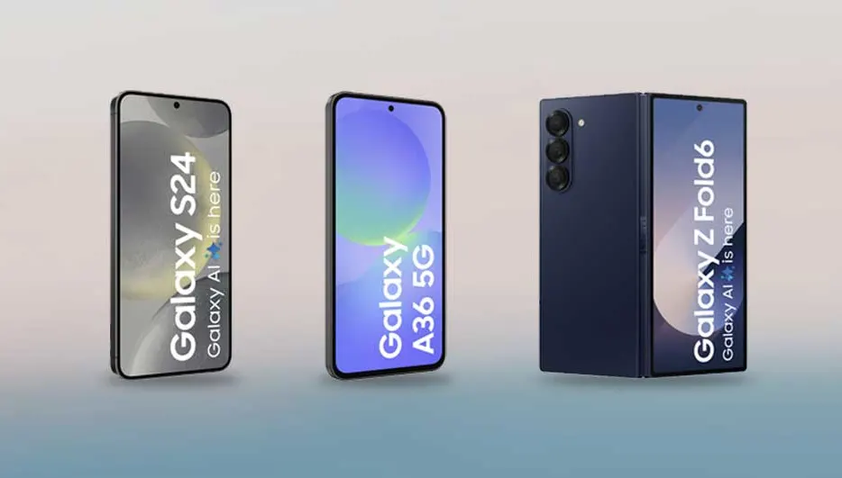 Drie Samsung-smartphones: de Galaxy S24, Galaxy A36 5G en de opvouwbare Galaxy Z Fold6. Allemaal strak en modern vormgegeven.