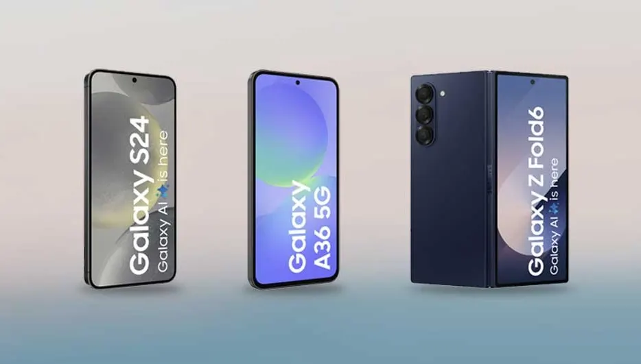 A light blue smartphone lies beside a black phone with colourful screen on a white marble surface, both featuring multiple camera modules.