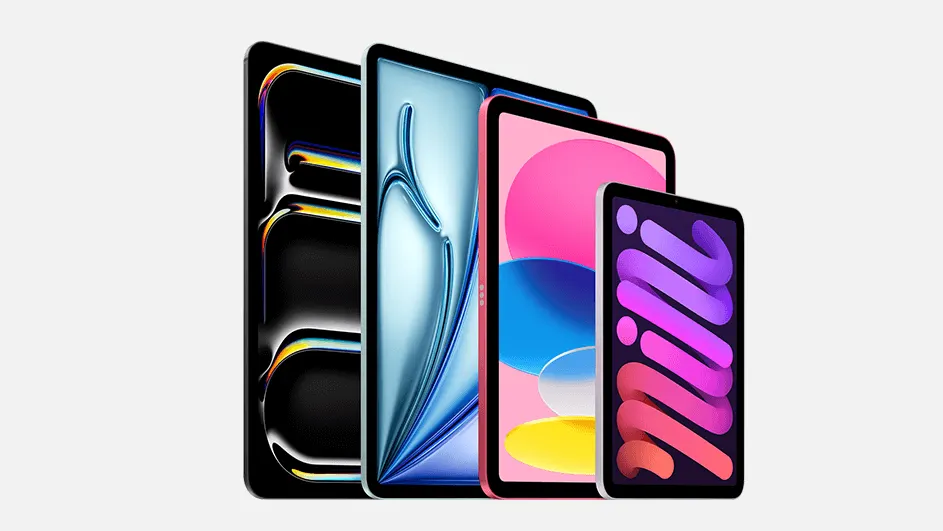 Vier iPad‑modellen in verschillende formaten op een rij van groot naar klein, elk met een kleurrijke abstracte achtergrond op het scherm.