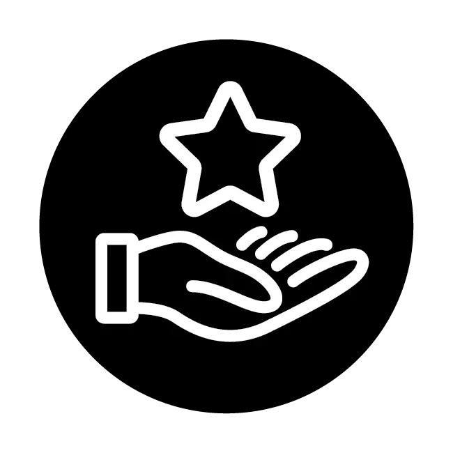 Een witte hand met een ster erboven, tegen een zwarte cirkel achtergrond.