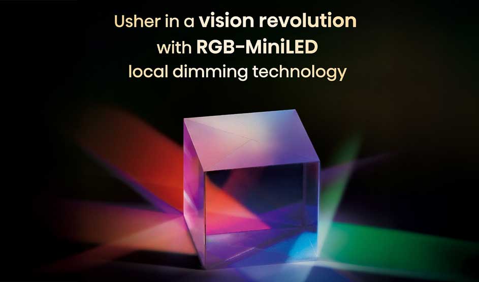 Een transparante kubus toont RGB-MiniLED technologie met levendige kleuren: roze, paars, blauw en groen. Tekst belooft "visionrevolutie met local dimming technologie". Futuristische display innovatie.