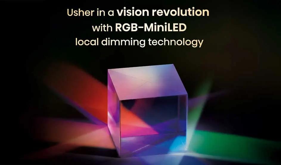 Een transparante kubus toont RGB-MiniLED technologie met levendige kleuren: roze, paars, blauw en groen. Tekst belooft "visionrevolutie met local dimming technologie". Futuristische display innovatie.