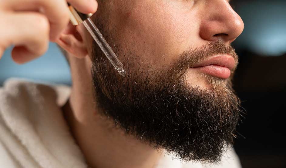 Een man brengt met een pipet olie aan op zijn volle baard; de close-up toont zijn wang, lippen en verzorgde baard.