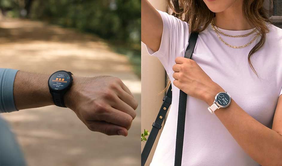 Twee personen met smartwatches: links een zwart model op een bospad, rechts een licht model met witte band en gouden kettingen.