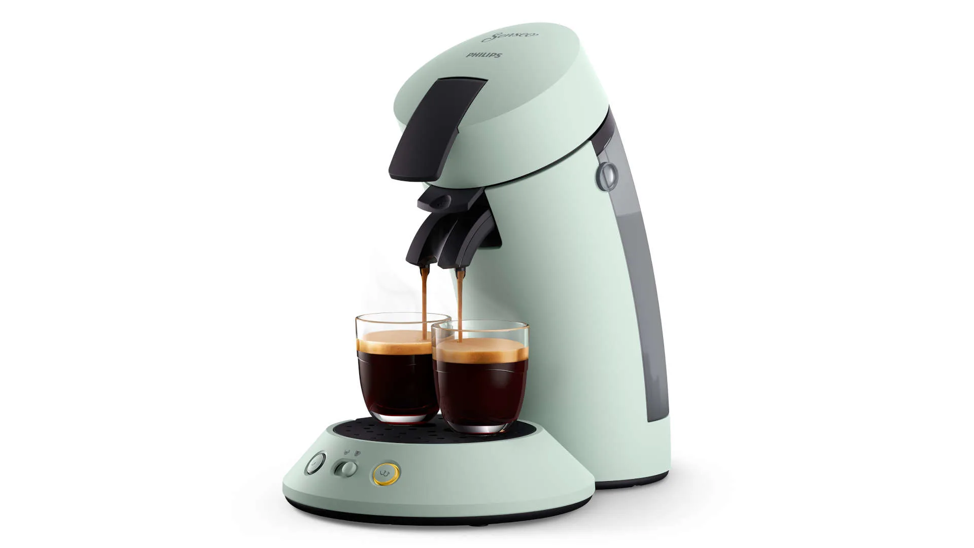 Een lichtgroen Senseo-apparaat vult twee glazen met koffie op een witte achtergrond.