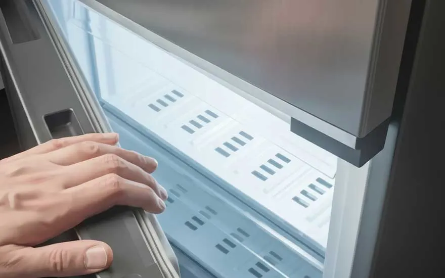 Close view of a hand opening a drawer or door of a modern freezer, bright interior light revealing the plastic ventilation slots.
