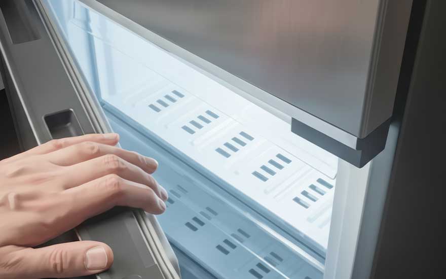 Detail van een hand die een lade of deur van een moderne vrieskast opent, met helder binnenlicht en plastic roosters zichtbaar.