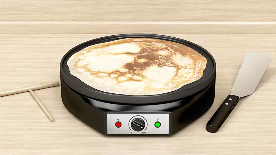 Pannenkoek op een zwart pannenkoekenapparaat met een zilveren spatel en houten pannenkoekspreider op een houten aanrecht.