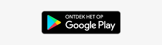 Zwarte knop met 'Ontdek het op Google Play' tekst, en een kleurrijk driehoekig play-icoon aan de linkerkant.