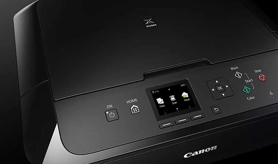 Een zwarte Canon PIXMA printer met touchscreen en duidelijke bedieningsknoppen. Het Canon-logo staat zichtbaar aan de voorkant.