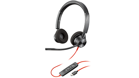 Moderne kantoorheadset met zachte oorkussens, verstelbare microfoon en rode USB C kabel met compacte bediening.