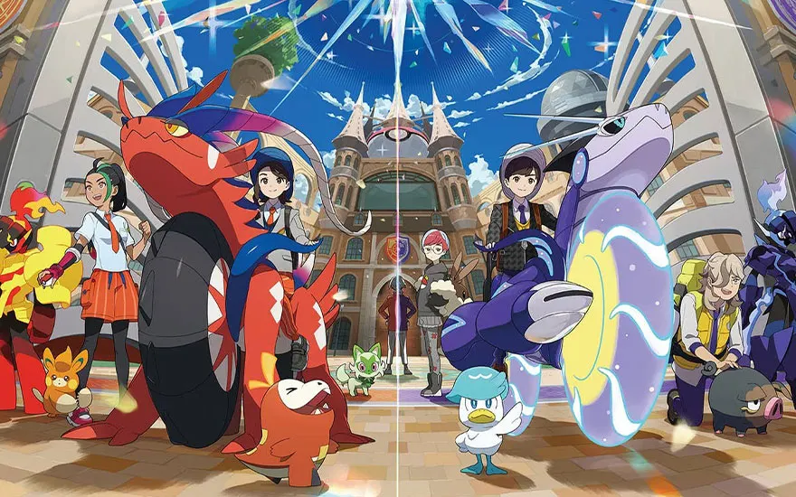 Pokémon-groepsfoto met trainers en hun Pokémon poseren voor een groot kasteel onder een stralende hemel vol lichtstralen.