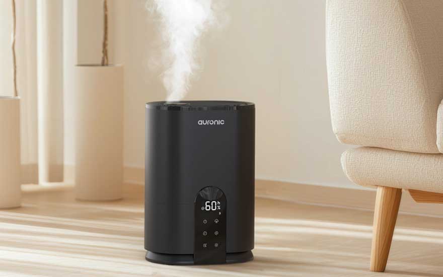 Een zwarte Auronic luchtbevochtiger met digitaal display toont 60% luchtvochtigheid en laat een duidelijke wolk stoom opstijgen in de kamer.