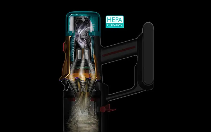 Doorsnede van een snoerloze stofzuiger toont luchtstroom en HEPA-filtering, die optimale luchtzuivering belooft.