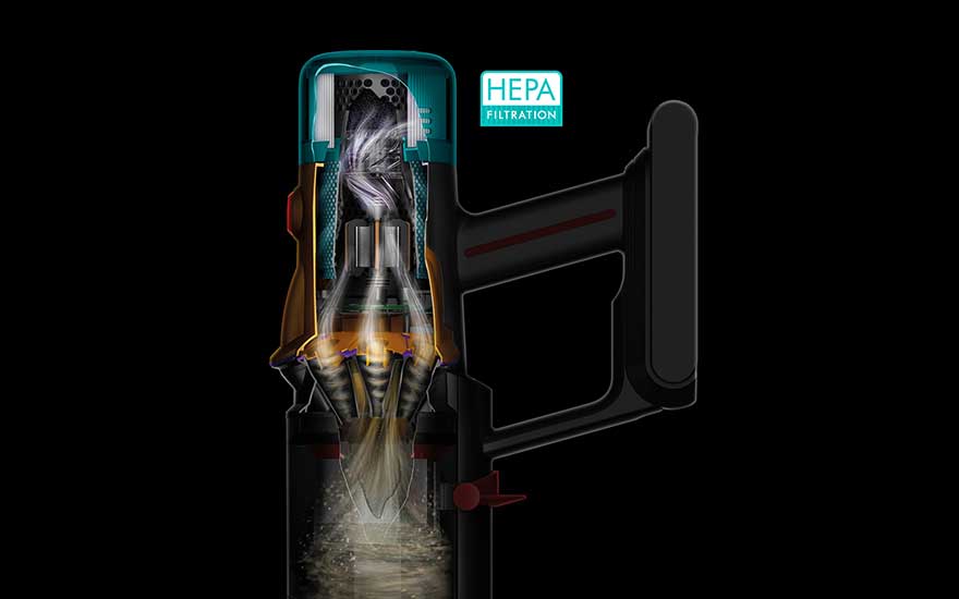 Cross-section of a cordless vacuum displays airflow and HEPA filtration, promising optimal air purification. 