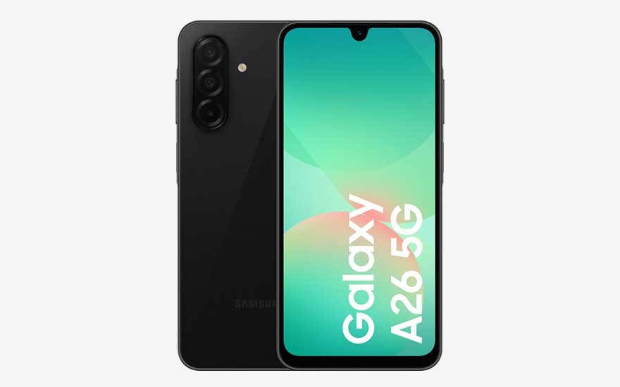 Zwarte Samsung Galaxy A26 5G, voor- en achterkant zichtbaar, groot helder scherm met groen verloop en tekst, drievoudige camera achter.