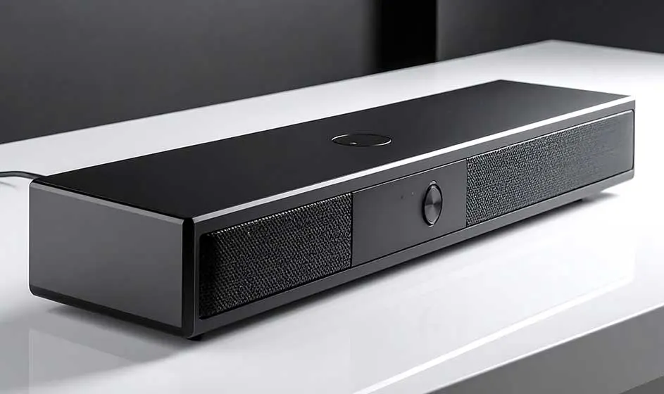 Een glanzende zwarte speaker staat op een witte plank; het strakke ontwerp met knop en roosters oogt modern en minimalistisch.