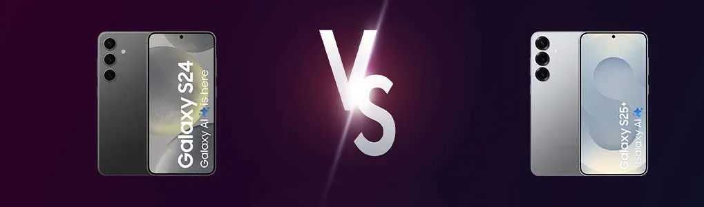 Twee Samsung-smartphones, Galaxy S24 en S25+, worden vergeleken met een "VS" in het midden.