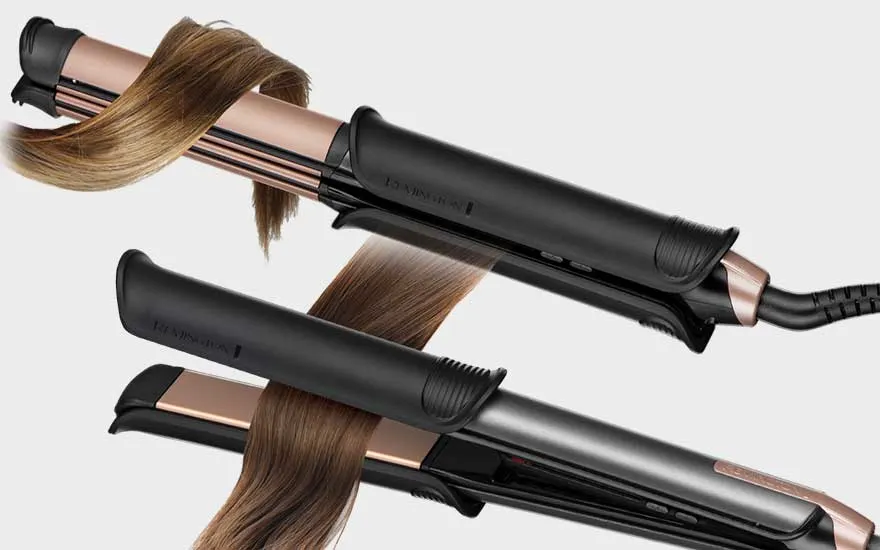 Two styling tools wrap strands around heated plates, creating smooth, glossy waves through brown hair.
