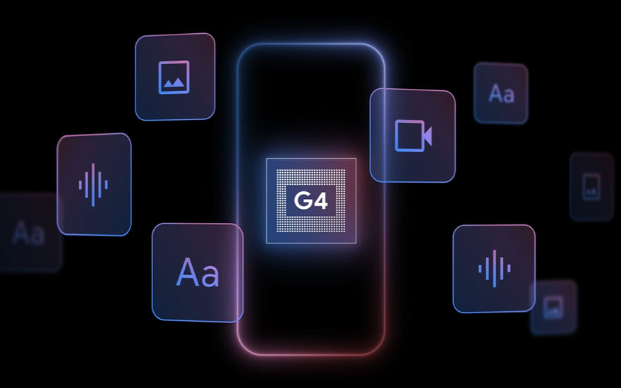 Google G4 processor chip omringd door zwevende app-iconen op donkere achtergrond. Futuristische weergave van smartphone functionaliteiten.