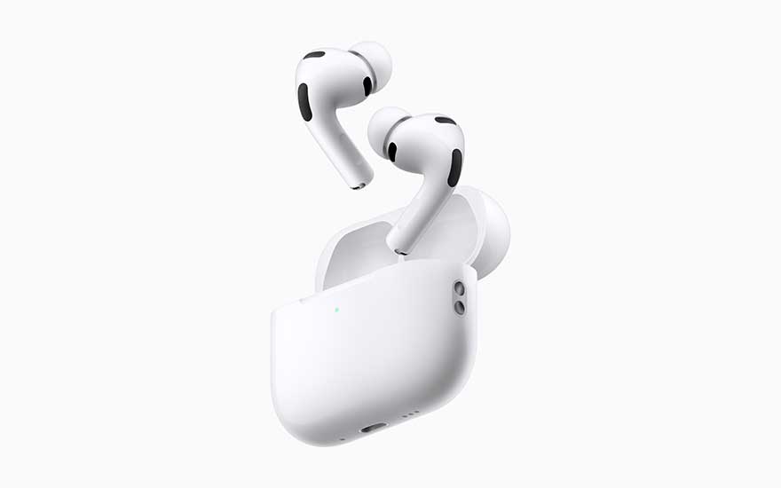 A pair of white wireless earbuds hovers above an open charging case, isolated cleanly against a completely white background.