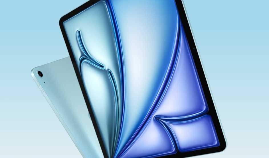 Light blue tablet with large screen shows shiny abstract blue design, leaning over second tablet on soft gradient background.