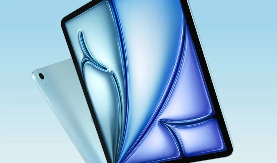 Light blue tablet with large screen shows shiny abstract blue design, leaning over second tablet on soft gradient background.