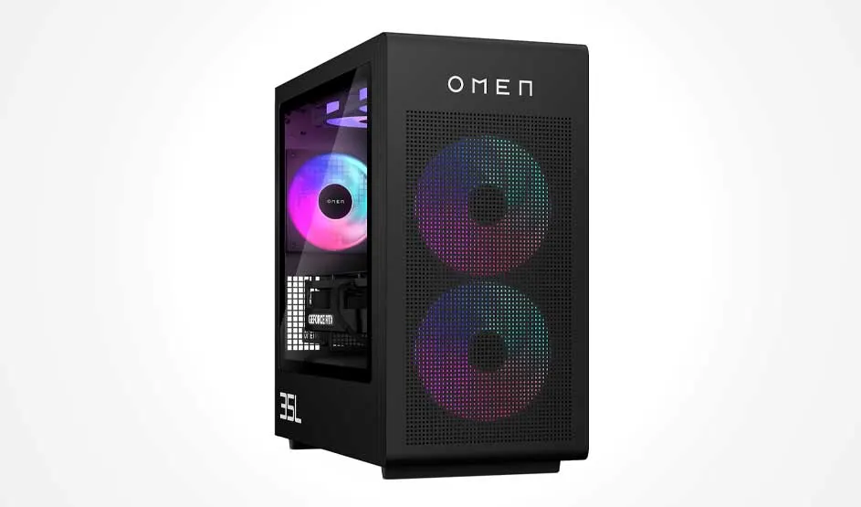 Black OMEN gaming PC with glass side panel, RGB fan inside and front mesh showing two large, bright, colourful cooling fans.