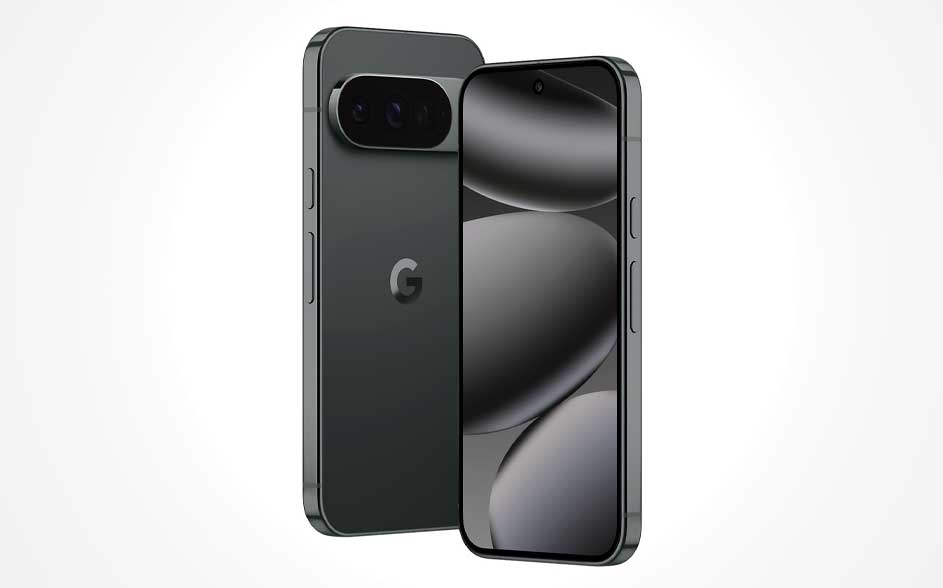 Two black smartphones: one shows a G logo and wide camera bar; the other has a grey abstract display, set angled together.