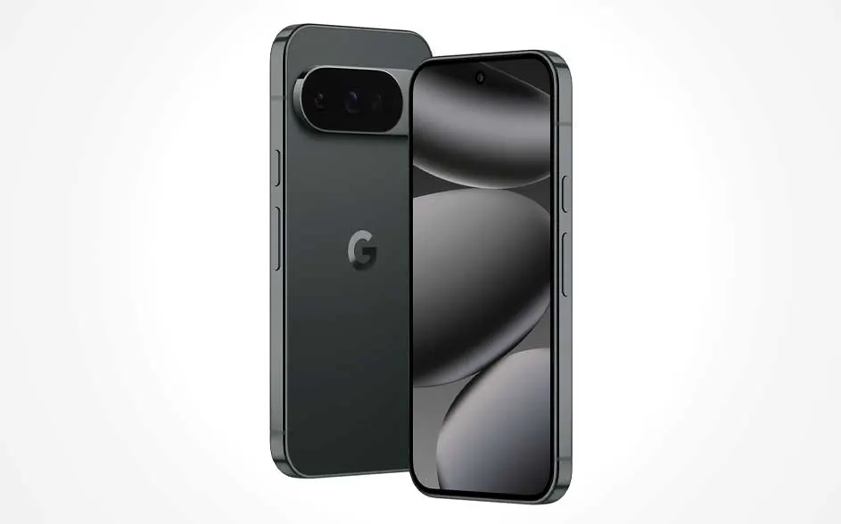 Two black smartphones: one shows a G logo and wide camera bar; the other has a grey abstract display, set angled together.