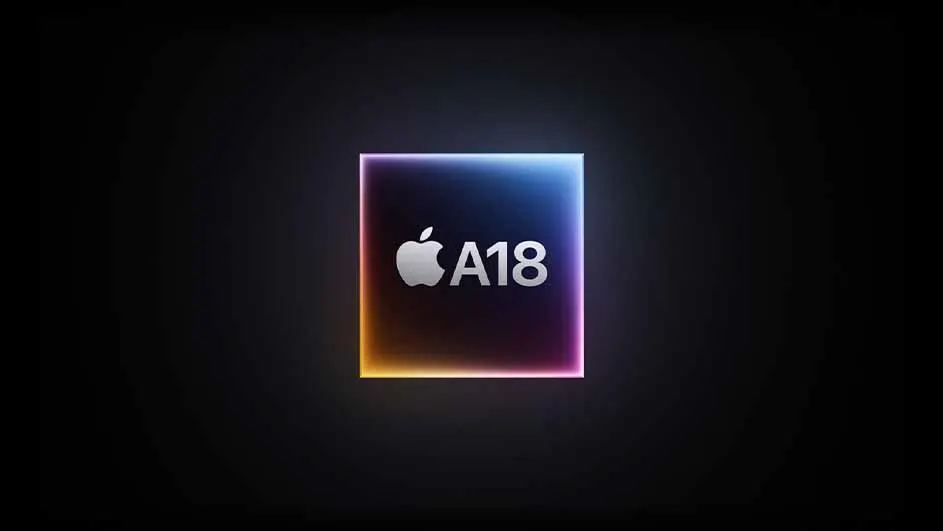 Zilveren Apple-logo en 'A18' in een veelkleurig neonvierkant tegen een zwarte achtergrond.
