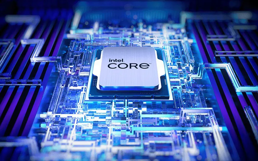 Intel Core processor chip op moederbord met blauwe LED-verlichting, gedetailleerde circuitry, futuristische technologie presentatie.