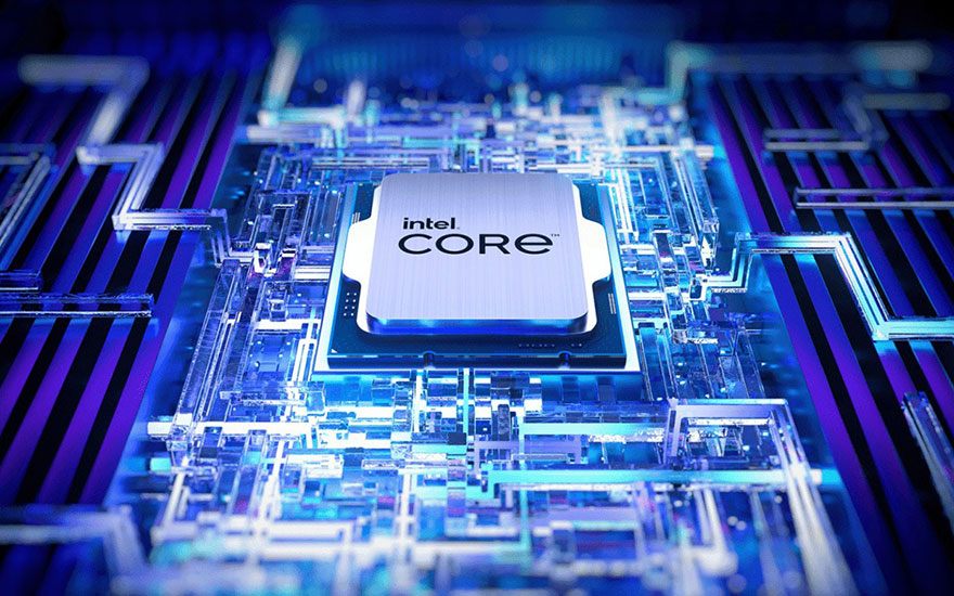 Intel Core processor chip op moederbord met blauwe LED-verlichting, gedetailleerde circuitry, futuristische technologie presentatie. 