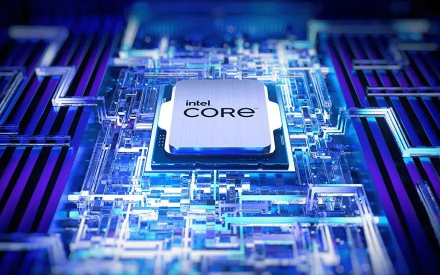 Intel Core processor chip op moederbord met blauwe LED-verlichting, gedetailleerde circuitry, futuristische technologie presentatie.