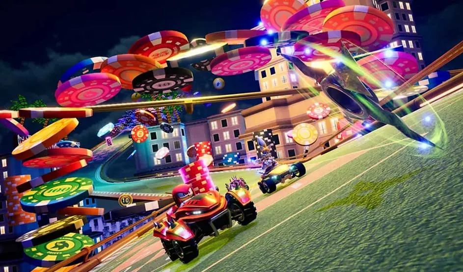 Gekleurde raceauto’s racen door een circuit vol grote casinofiches en neonlichten in Team Sonic Racing. Het merk Sonic is duidelijk herkenbaar.