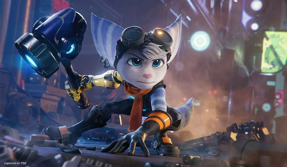 This is a video game. In Ratchet & Clank: Rift Apart by PlayStation, a lombax wields a large hammer in a neon-lit futuristic city, ready for action.