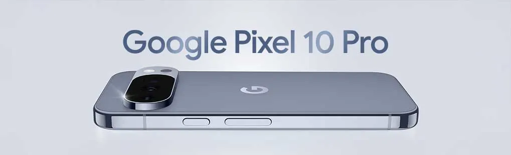 Op de afbeelding zie je een liggende Google Pixel 10 Pro smartphone in zilvergrijs, met grote camera en het Google logo duidelijk zichtbaar.