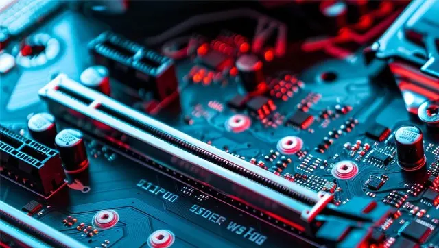Close-up of a teal computer motherboard with silver slots, black connectors, and small electronic components. Red light accents areas.