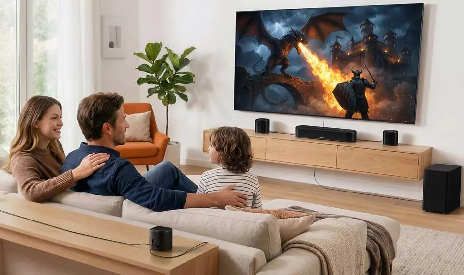 Een gezin kijkt samen naar een fantasyfilm op een grote tv; soundbar, speakers en subwoofer vullen de moderne woonkamer.