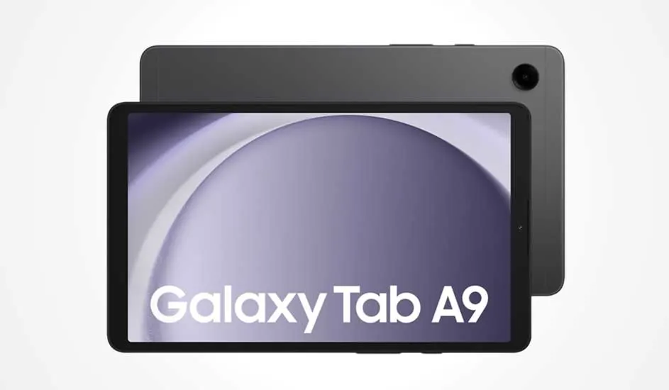 Op de afbeelding zie je een Samsung Galaxy Tab A9 tablet in het zwart, met een enkelvoudige camera aan de achterkant. Merknaam: Samsung.