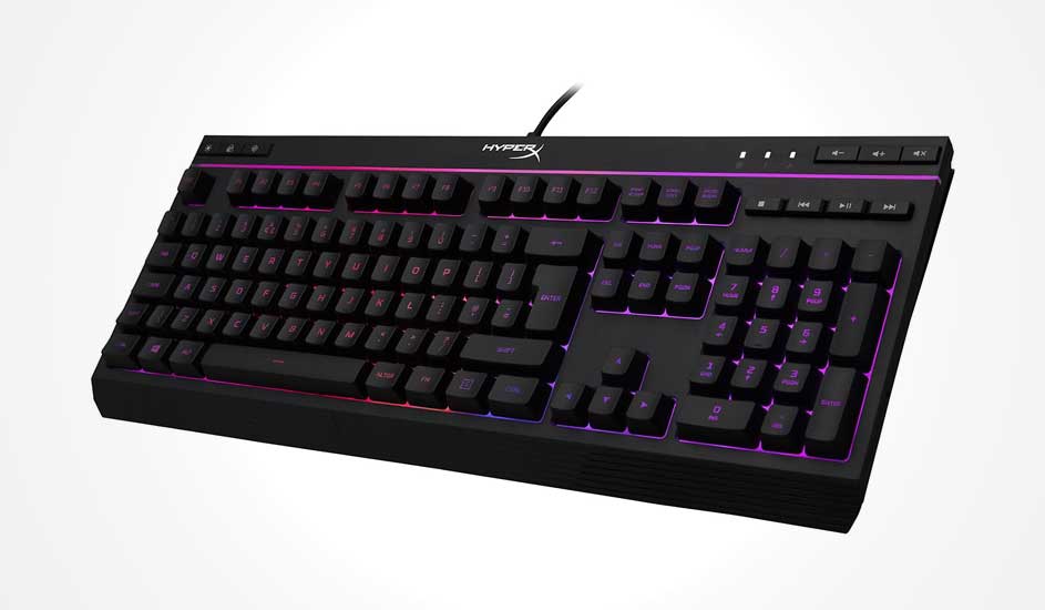 Black HyperX gaming keyboard with numpad, purple RGB outline and media keys on top, built for fast, accurate keystrokes.