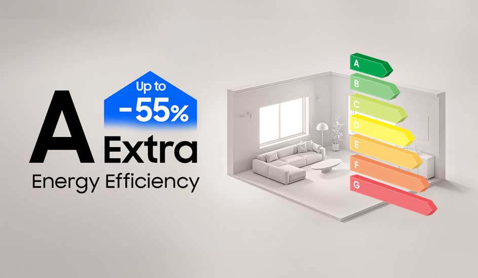 Illustratie van woonkamer met sofa en labels A tot G in kleur, tekst benadrukt extra energie‑efficiëntie tot minus vijfenvijftig procent.