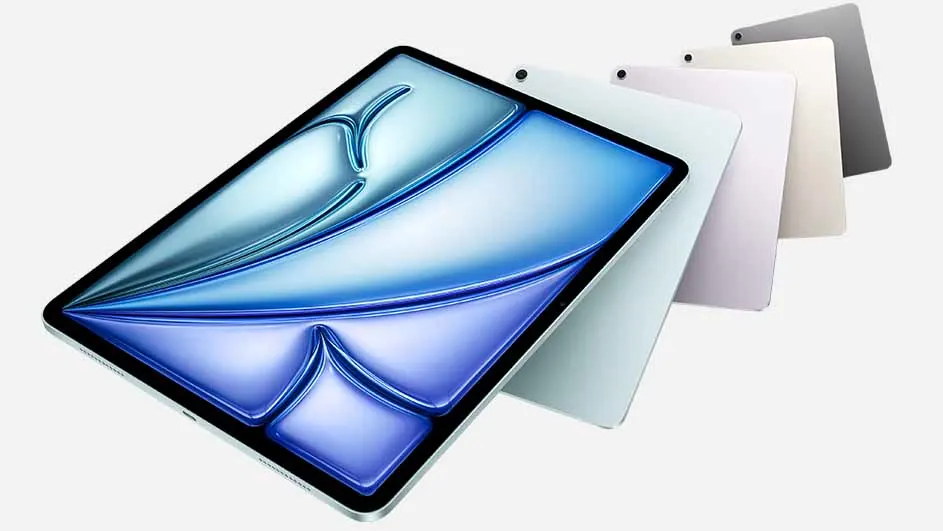 Een rij tablets in verschillende kleuren, van blauw vooraan tot grijs achteraan, op een witte achtergrond.